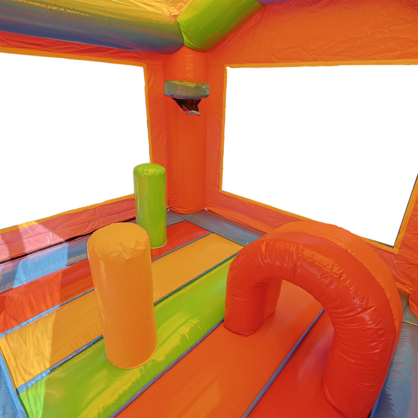 Unicorn Bounce House inside view - multicolored inflatable obstacles