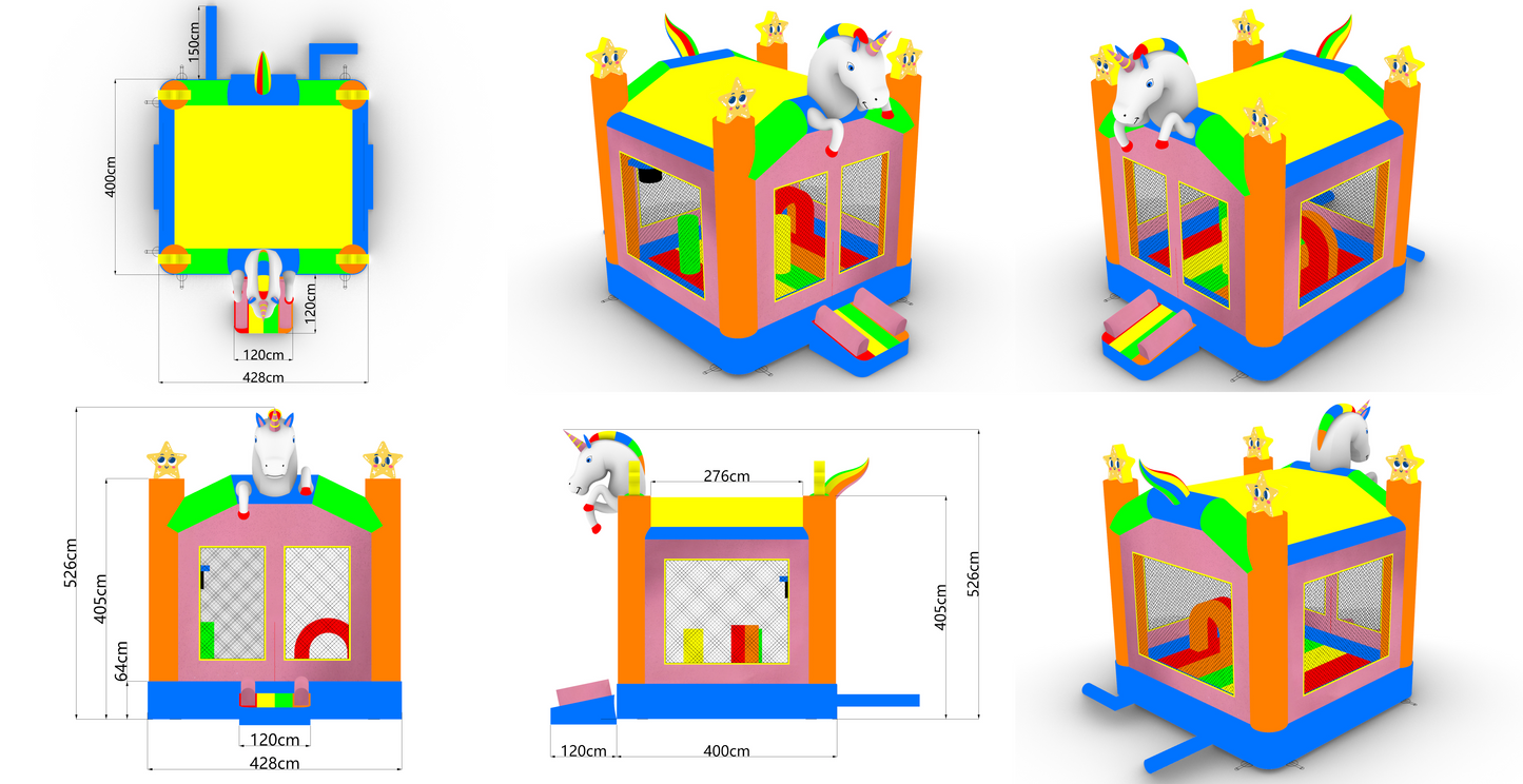 Unicorn Bounce House dimensions and 3d Animations