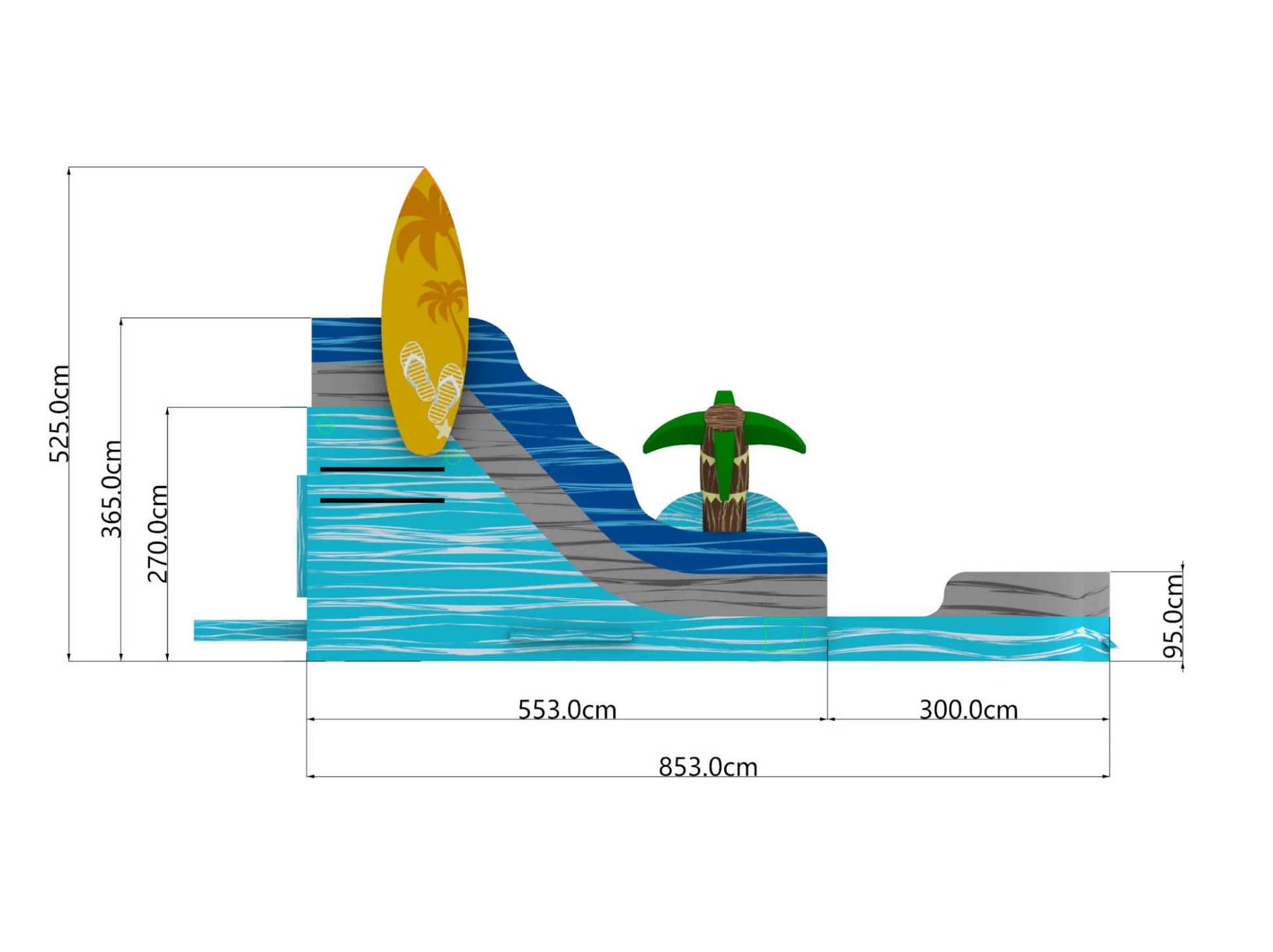 16' Good Vibes Slide 16_GoodVibesSlide_Right_Full_Dimensions - Big and Bright Inflatables