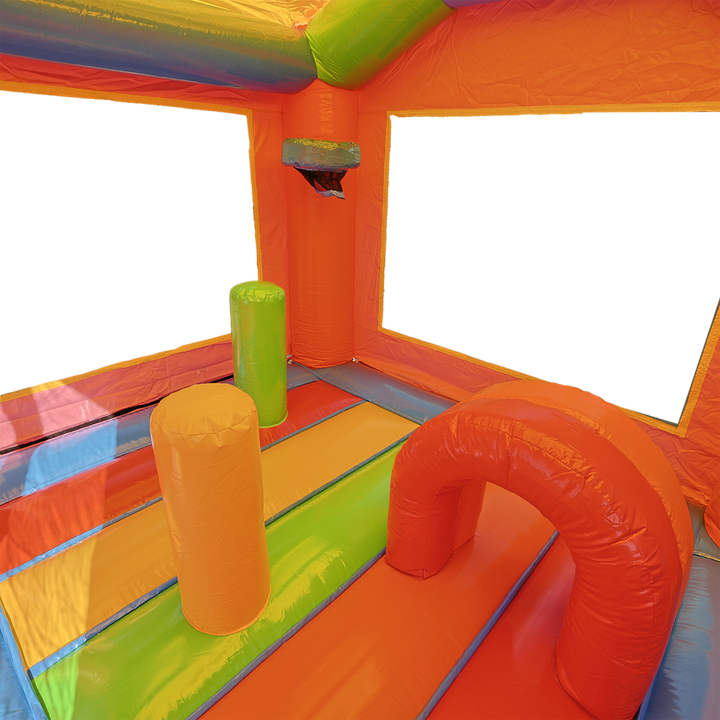 Unicorn Bounce House inside view - multicolored inflatable obstacles