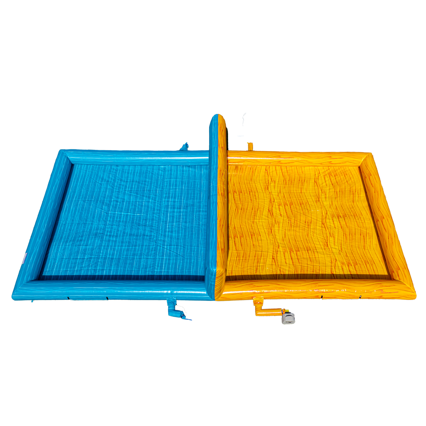 yellow and teal inflatable volleyball court overhead view