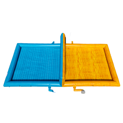 yellow and teal inflatable volleyball court overhead view