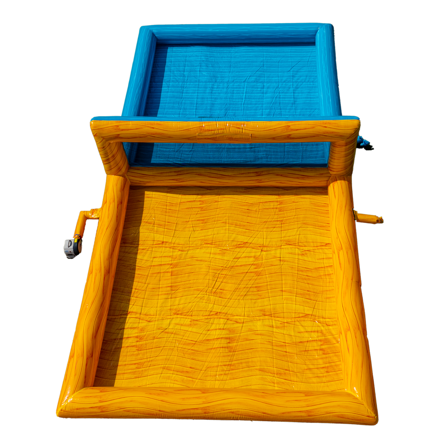 yellow and teal inflatable volleyball court overhead view (straight on)