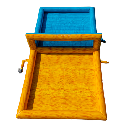 yellow and teal inflatable volleyball court overhead view (straight on)