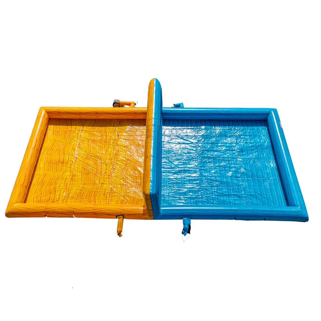 yellow and teal inflatable volleyball court overhead view