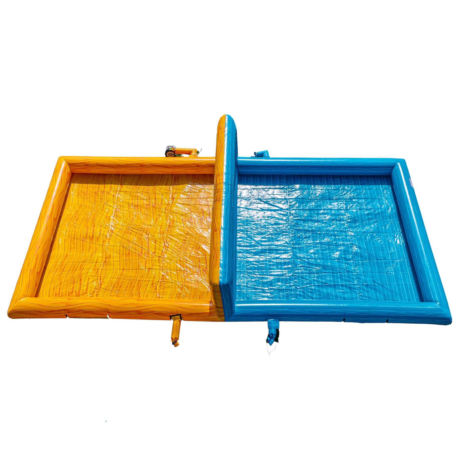 yellow and teal inflatable volleyball court overhead view