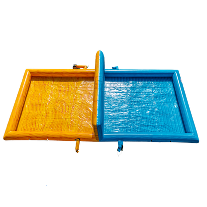 yellow and teal inflatable volleyball court overhead view