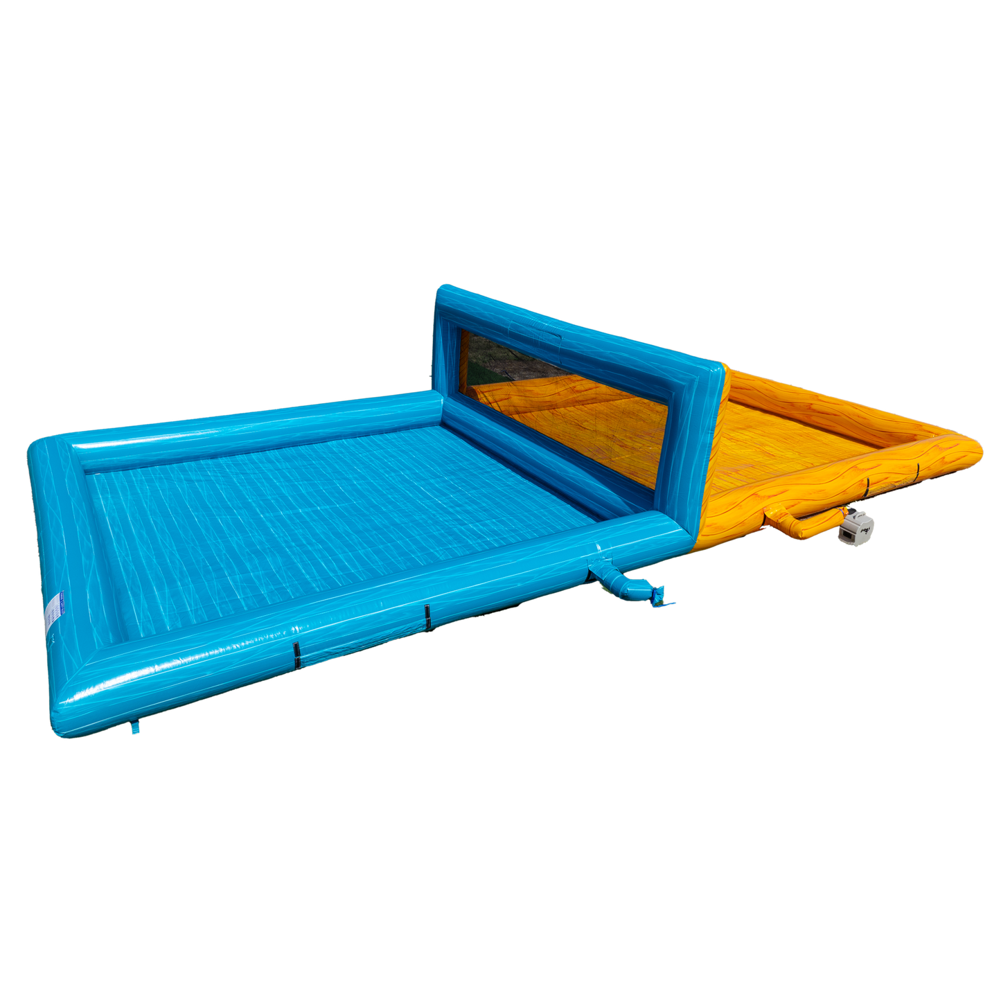 yellow and teal inflatable volleyball court side view