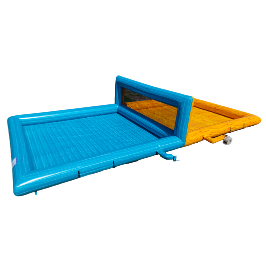 yellow and teal inflatable volleyball court side view