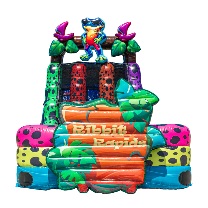 A colorful inflatable waterslide with a dart frog theme. The structure features a blue and black slipstream, green leafy accents, pink and yellow leopard-print sections, orange logs, and a blue cartoon frog wearing sunglasses at the top.