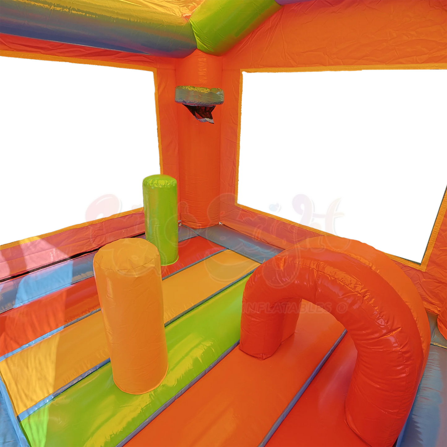 Unicorn Bounce House inside view - multicolored inflatable obstacles