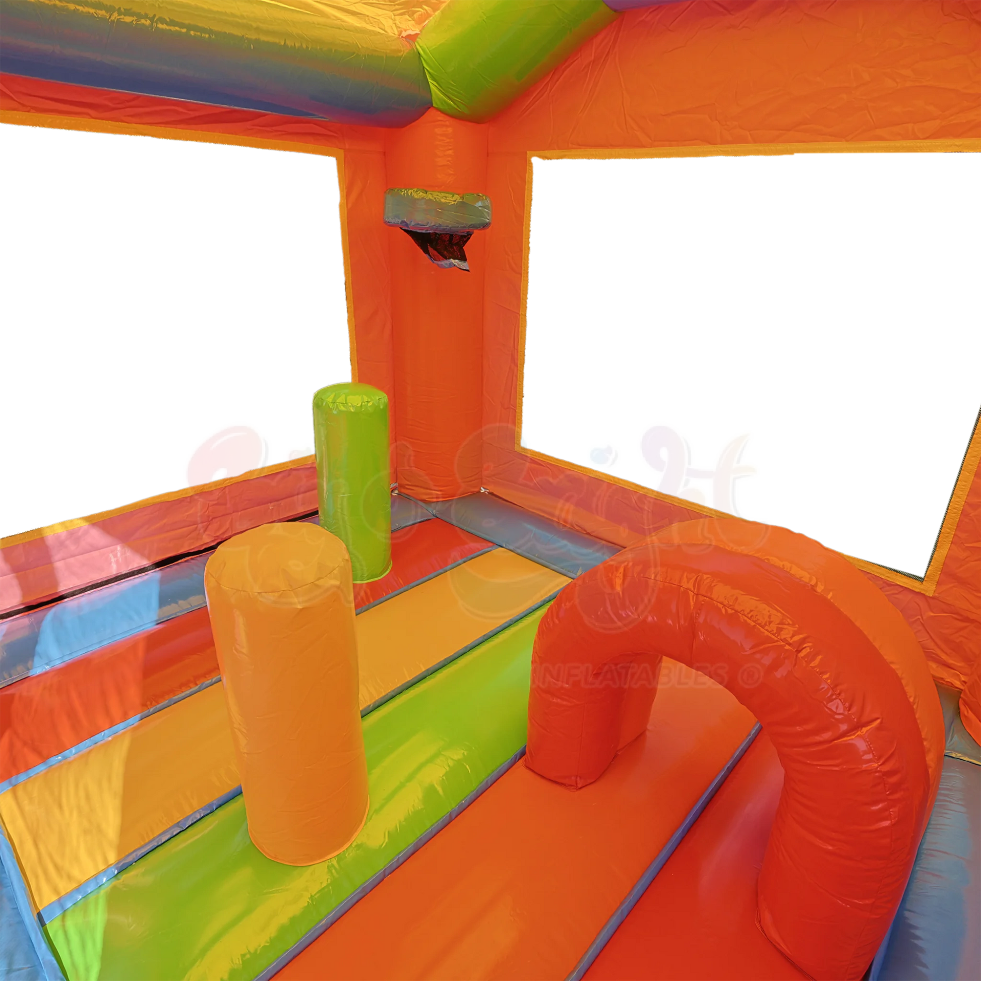 Unicorn Bounce House inside view - multicolored inflatable obstacles