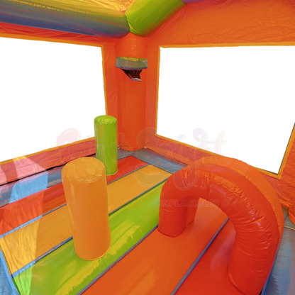 Unicorn Bounce House inside view - multicolored inflatable obstacles